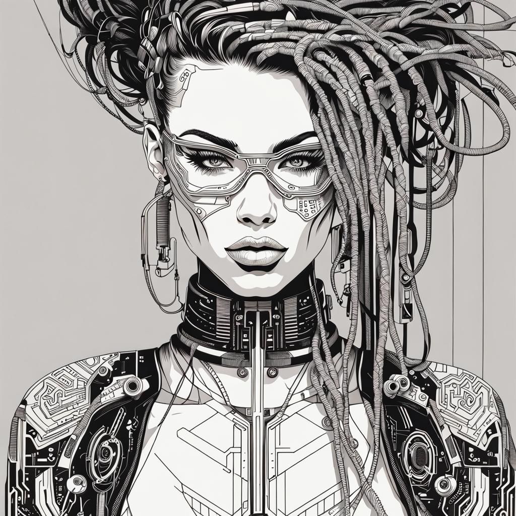 Cyberpunk Woman Portrait in Black and White Line Art