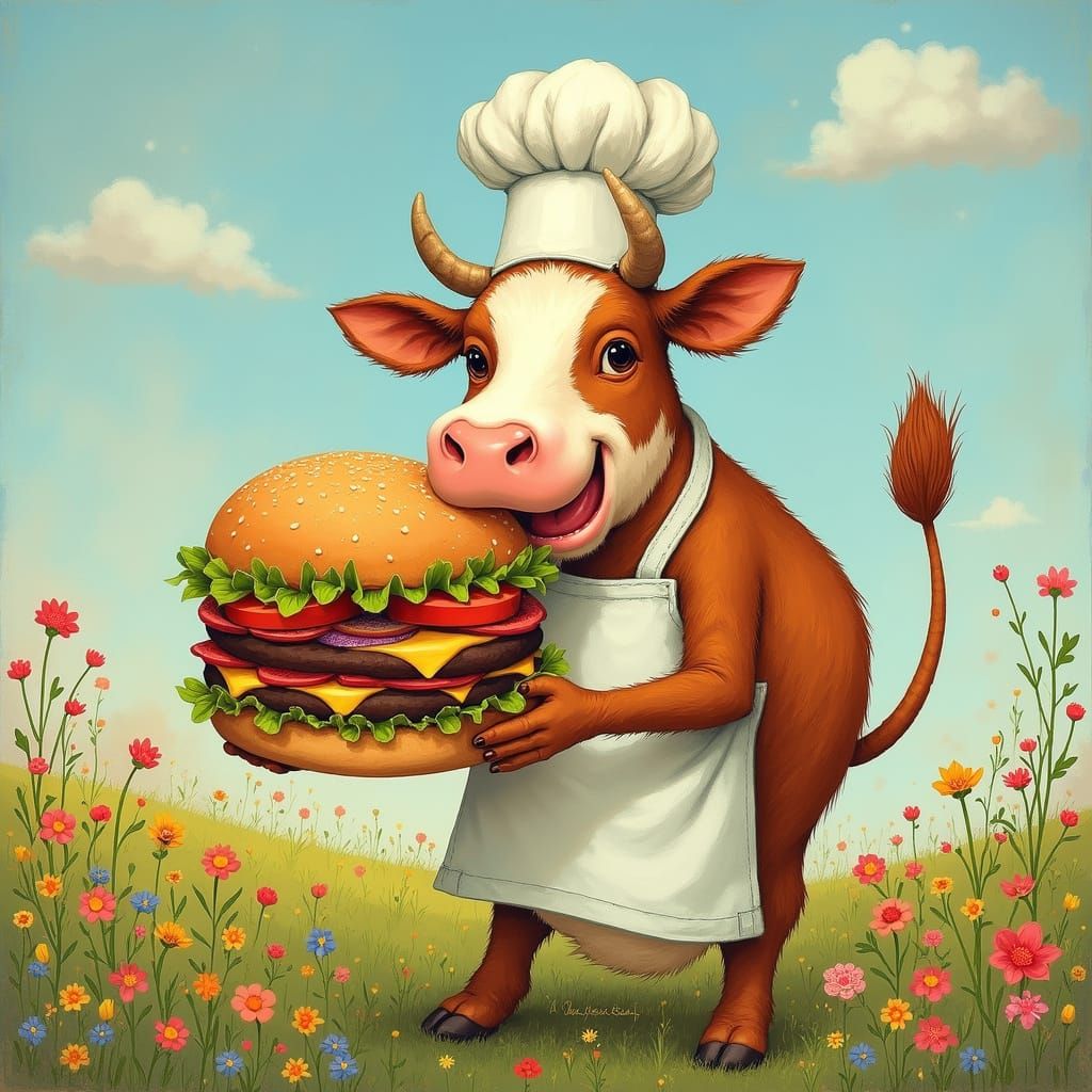 Cow Chef Enjoys Burger in Whimsical Meadow