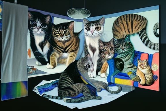 Surreal Cats in Technicolor Fabric, Digital Illustration