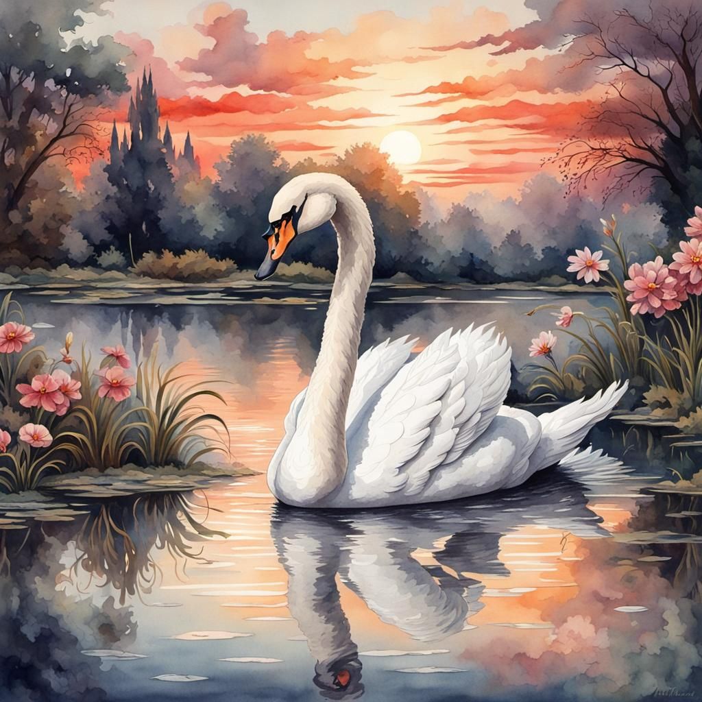 Ornate White Swan in Antique Watercolor Style