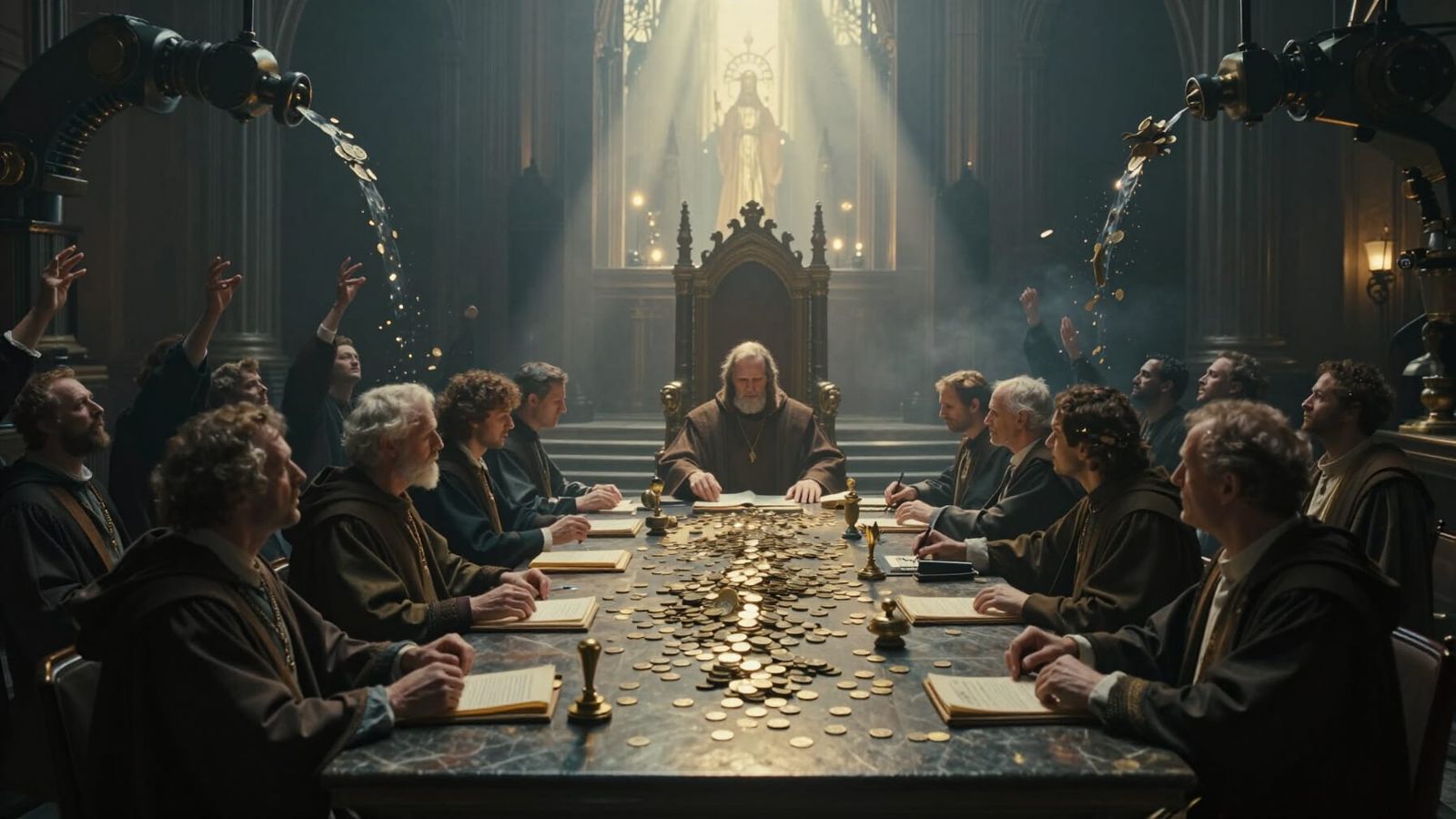 Dystopian Treasury Scene: Faith as Currency