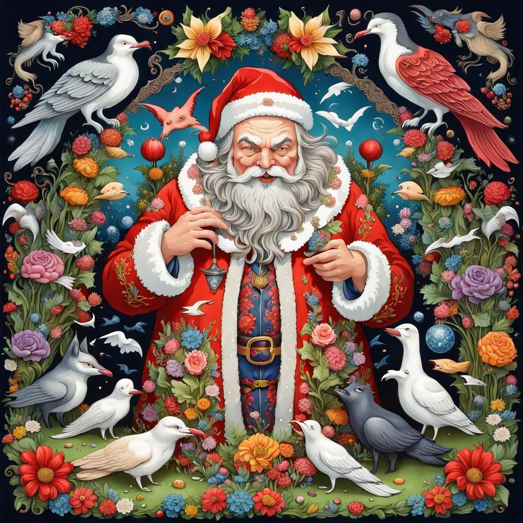 Festive Flower Meadow with Santa, Wolf, and Vampire