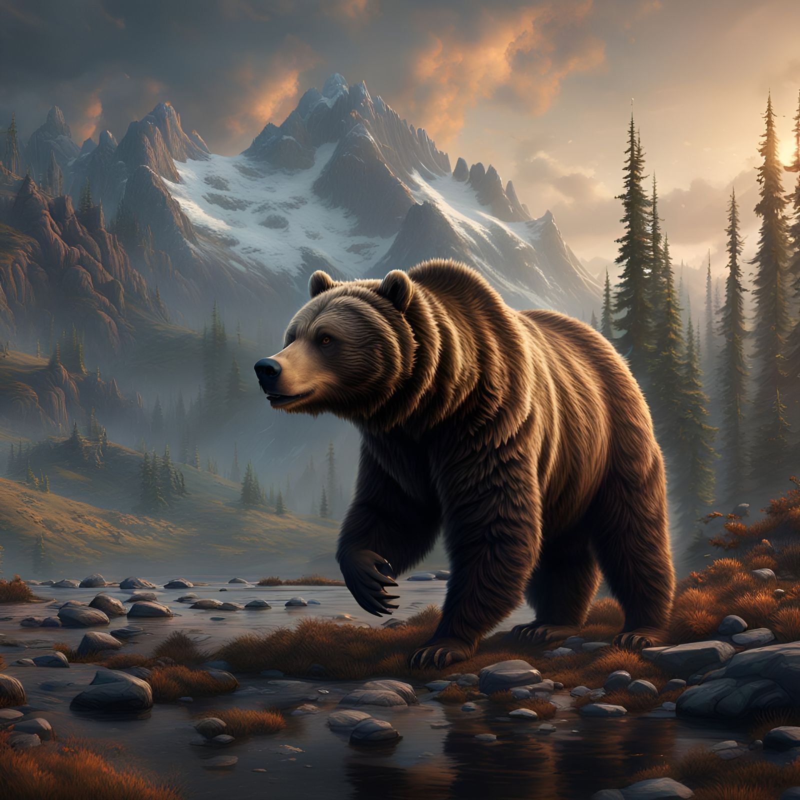 Detailed Grizzly Bear Matte Painting in Deep Color