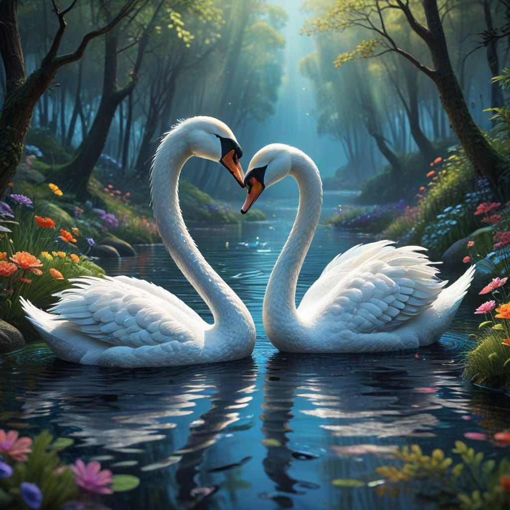 Pixar-Inspired 3D Illustration of a Charming Swan Couple