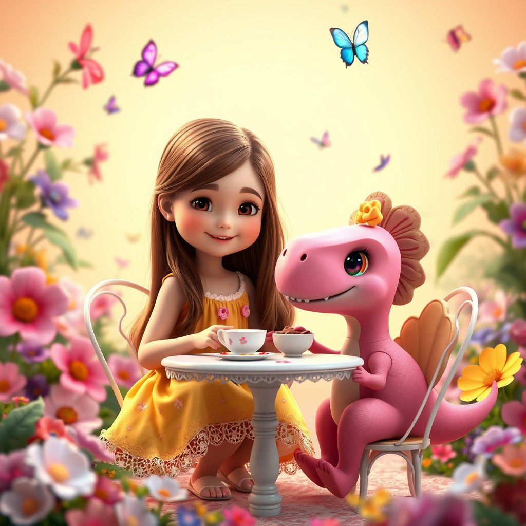 Little Girl Plays Tea Time with Pink Dinosaur in Whimsical G...