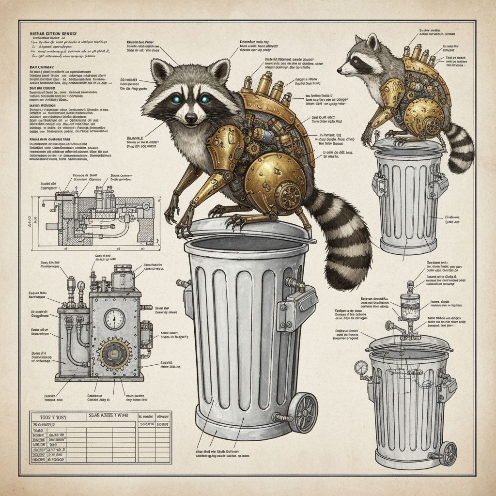 Steampunk Robo-Raccoon Technical Schematic Illustration