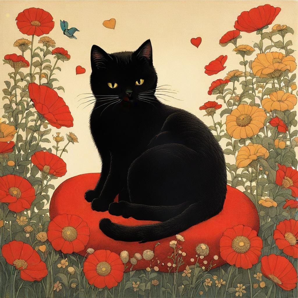 Cat Surrounded by Flowers in Nihonga Style