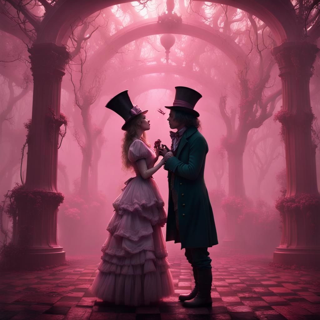 Alice and Mad Hatter Kiss in Dark Wonderland
