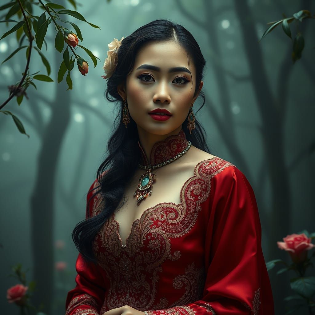 Elegant Lady in Lush Southeast Asian Setting