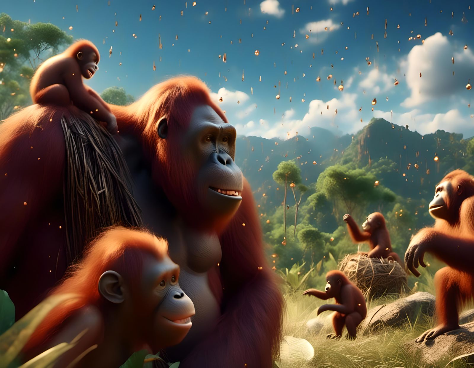 Orangutan Family Laughing in Jungle, Photorealistic