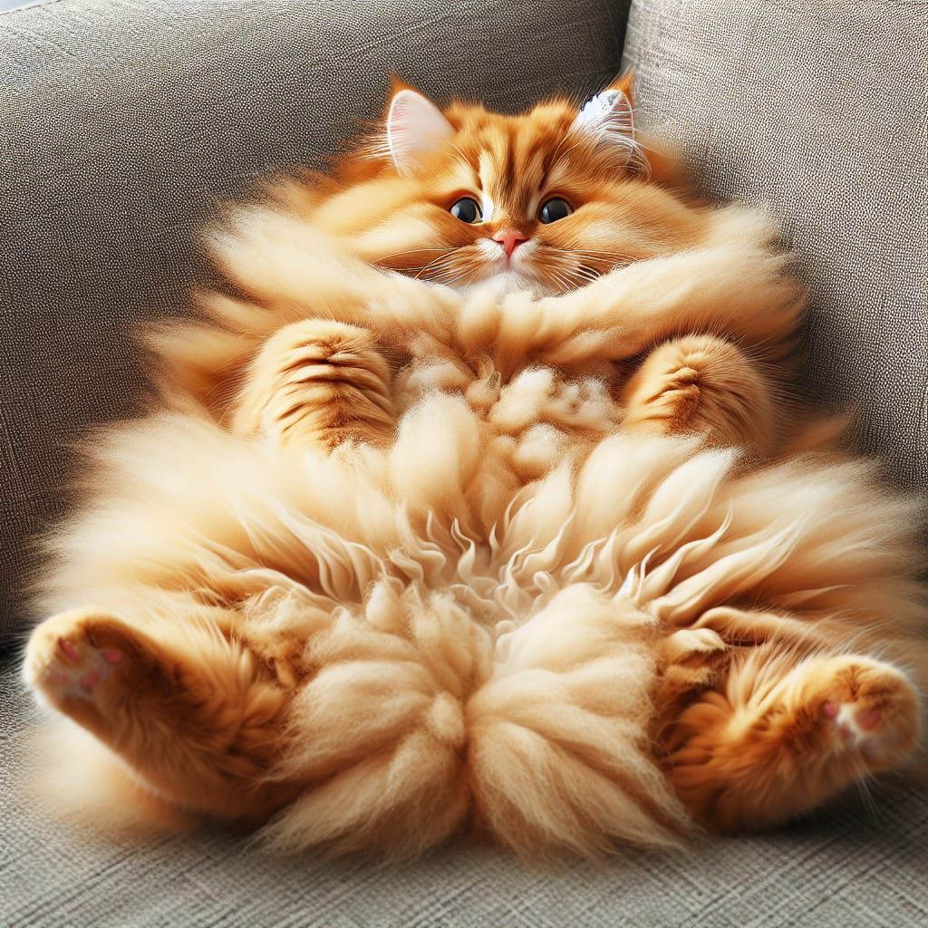 Fluffy Ginger Cat Comfortably Reclining on a Sofa