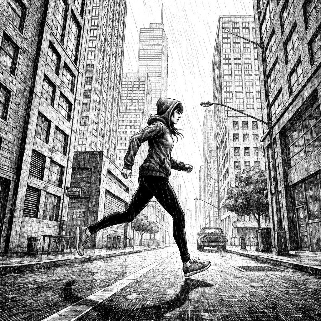 Woman Running on Rainy City Street in Black and White