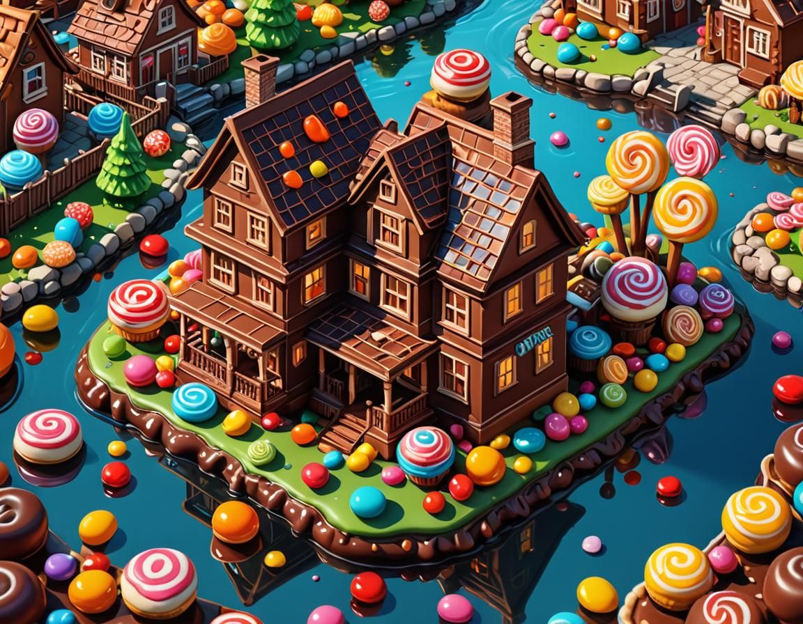 Candy House with Chocolate River: Digital Illustration