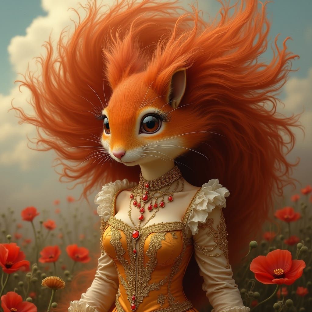 Squirrel with Fiery Red Hair, Digital Oil Painting