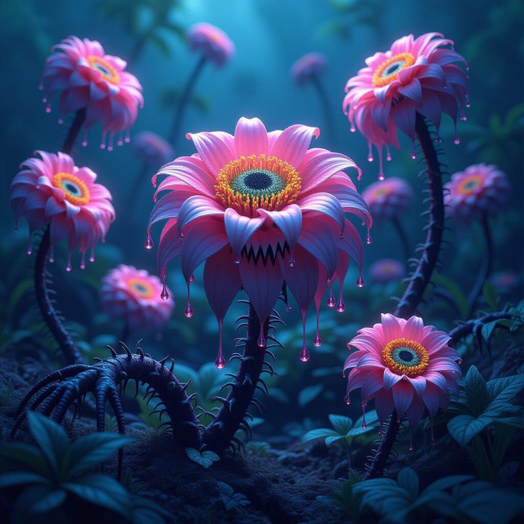 Hyperrealistic Carnivorous Flowers in Vaporwave Style