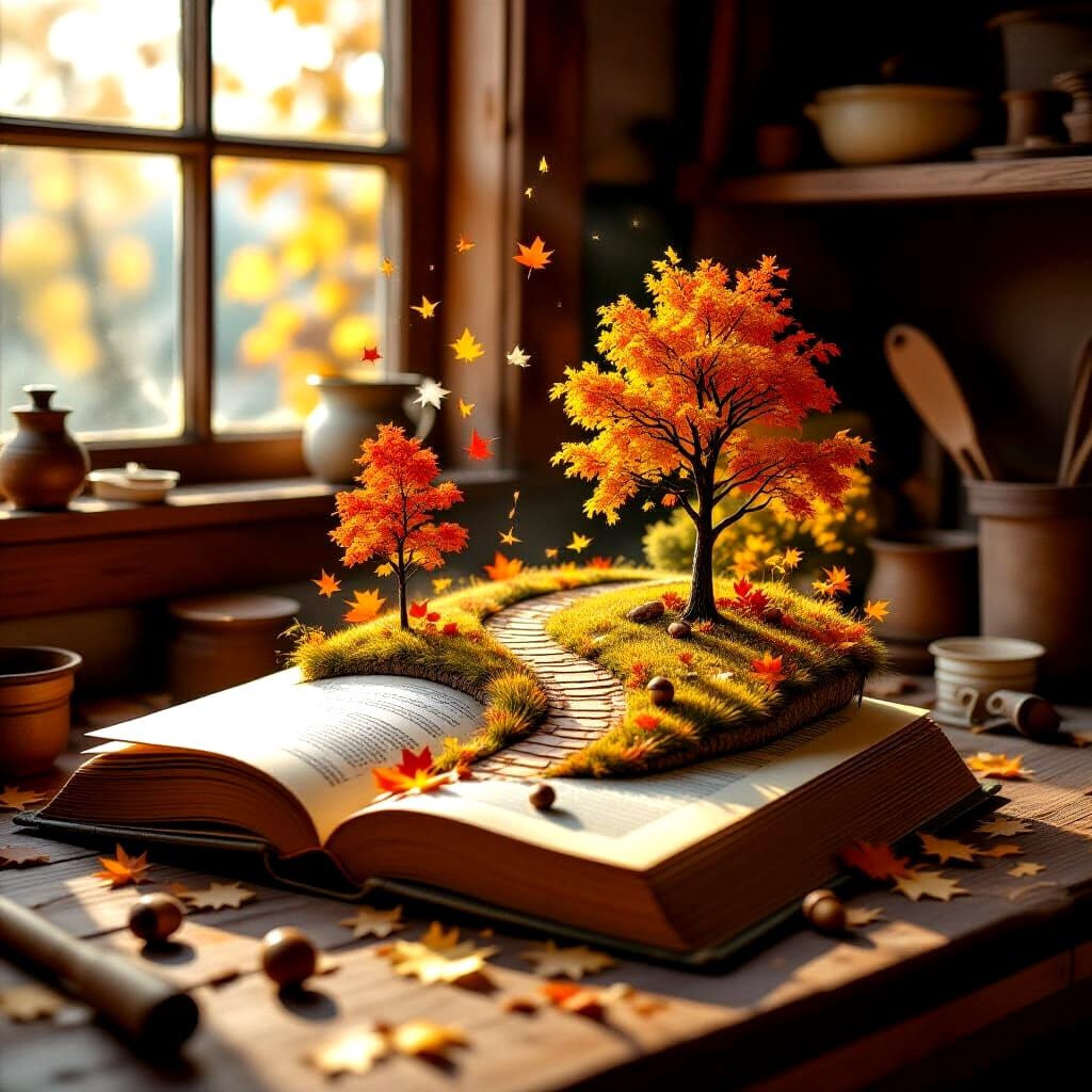 Autumn Miniature Scene Rises From Open Book