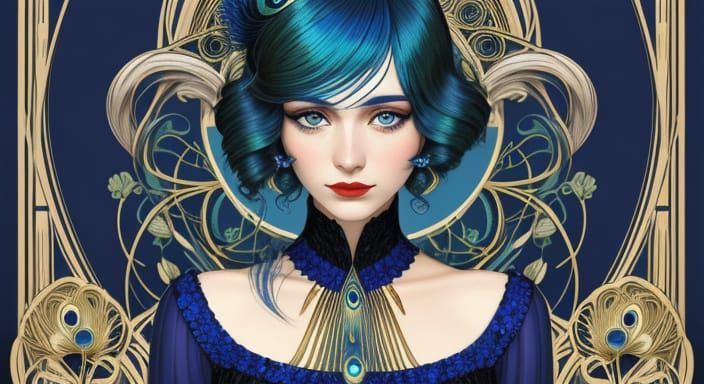 Ethereal Art Nouveau Portrait of a 1920s Young Lady in a Pea...