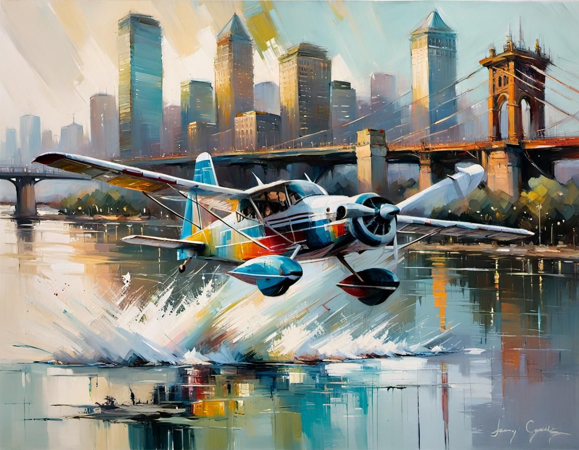 Colorful Plane Flies Low: An Oil Painting
