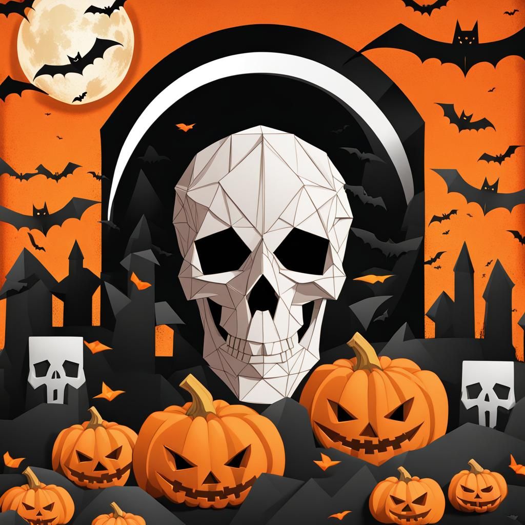 Halloween Party Poster with Skull and Origami Details