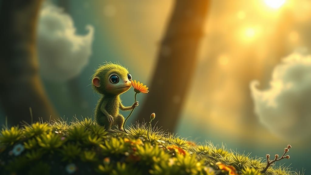 Cute Moss Creature in Sunlit Forest Clearing