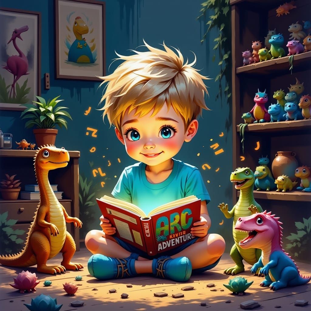 Whimsical Cartoon Boy in Dinosaur-Themed Bedroom with Magica...