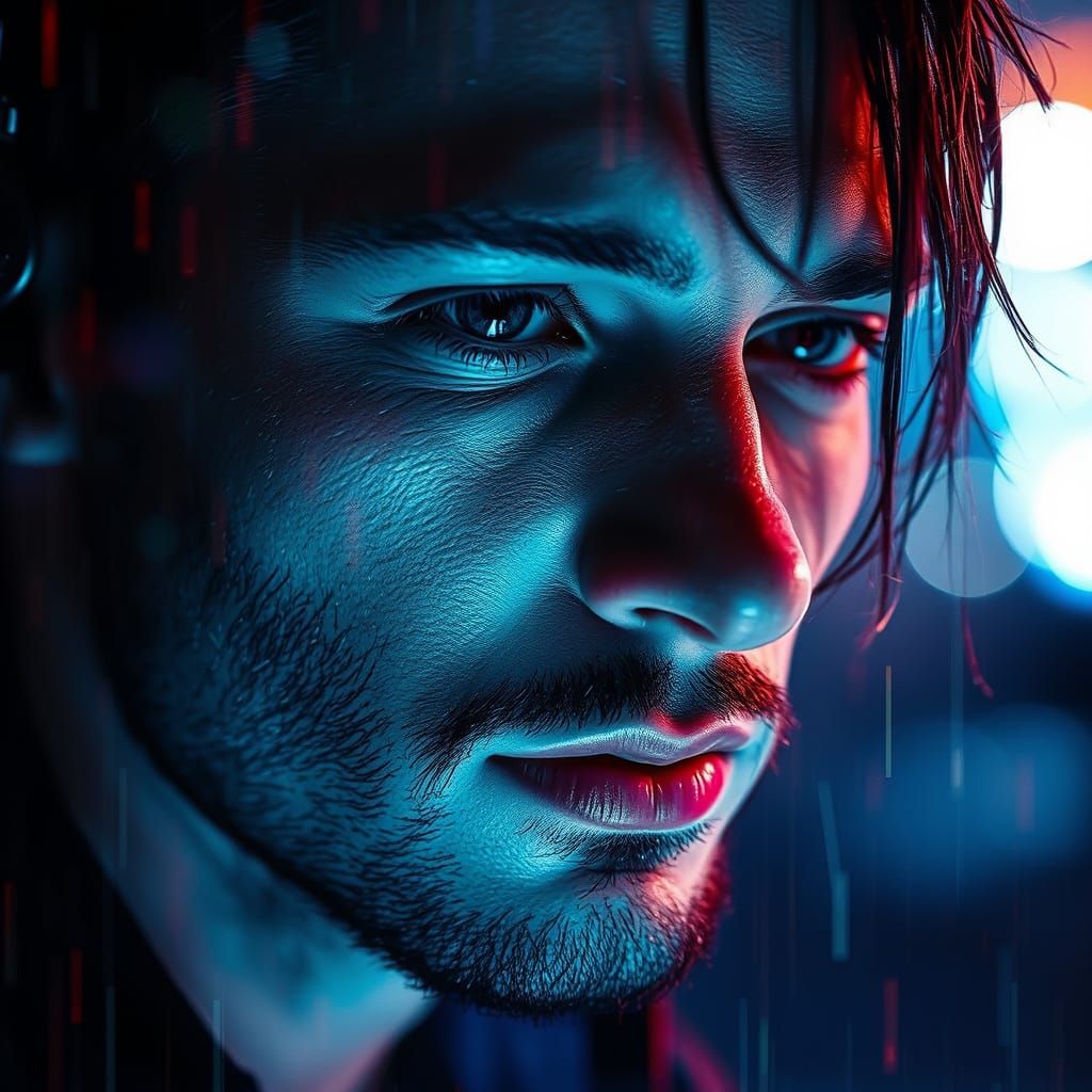 Ethereal Urban Portrait in Glitchcore Nightscape