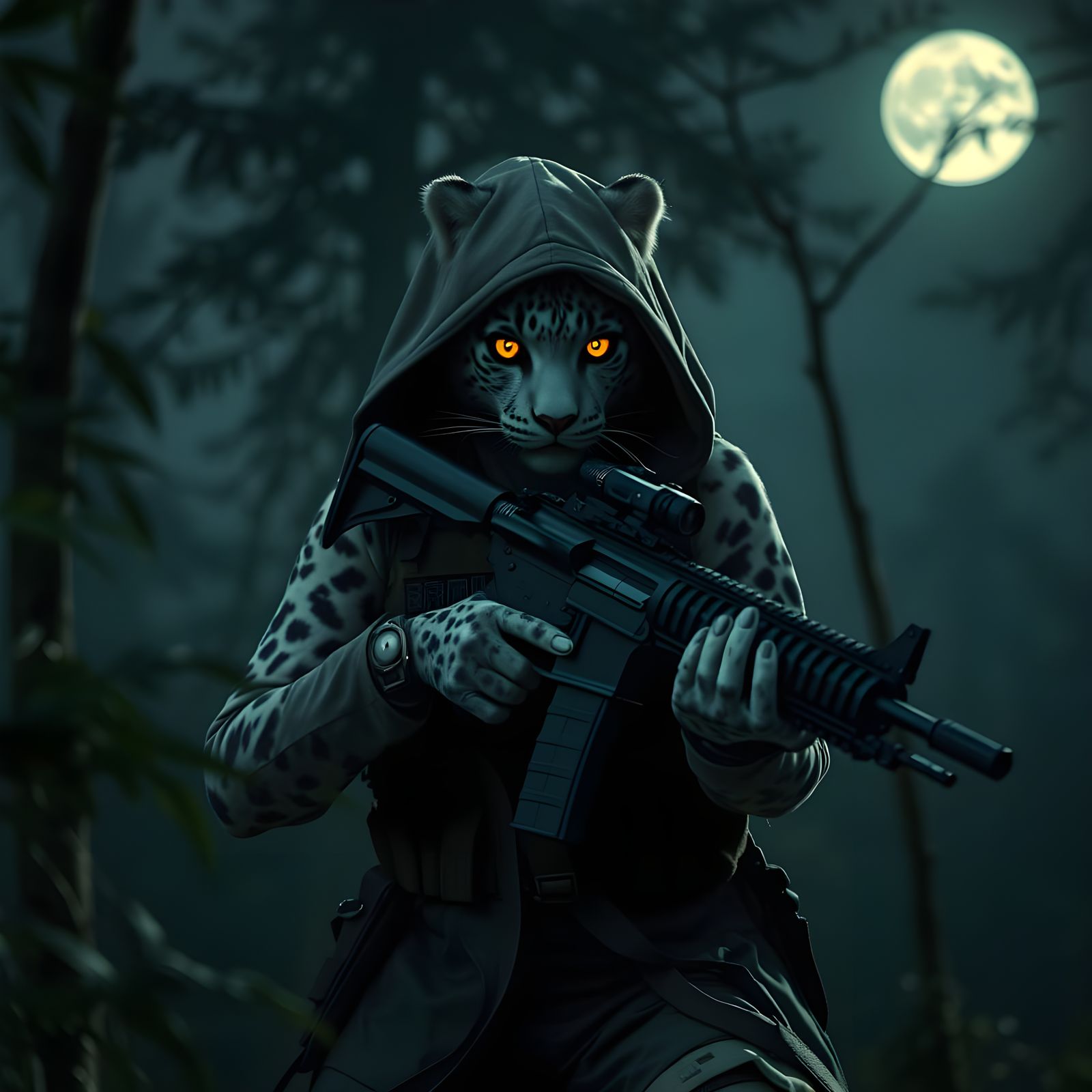 Snow Leopard Vampire Soldier in Amazonian Forest