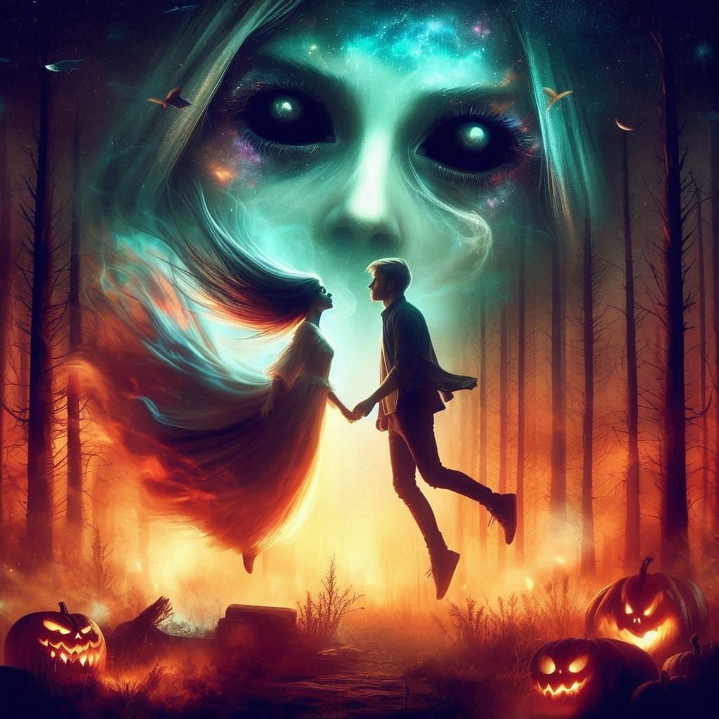 Witch in Forest Meets Young Lovers: Cinematic Art