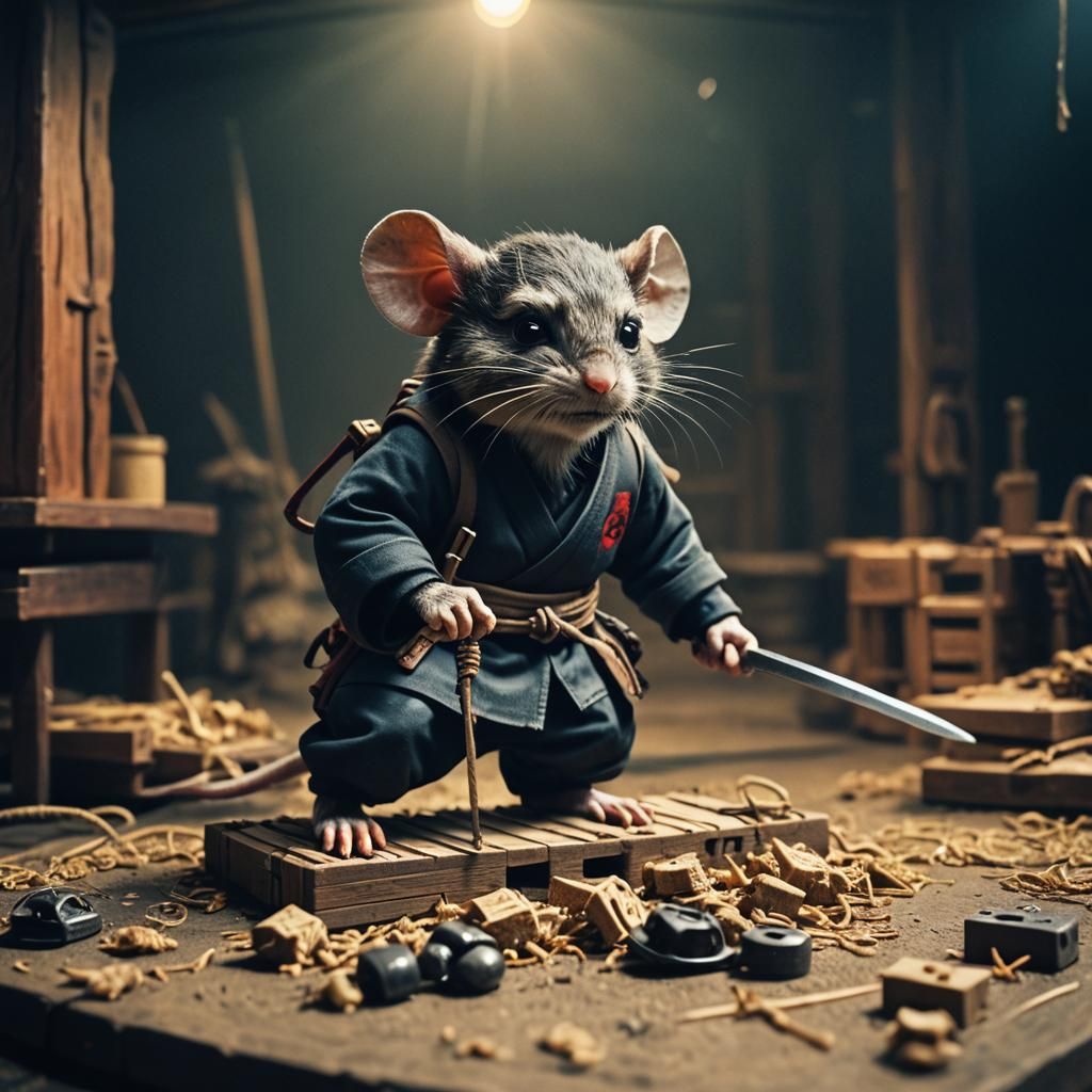 Ninja Mouse Considers Mousetrap: Cinematic Film Still