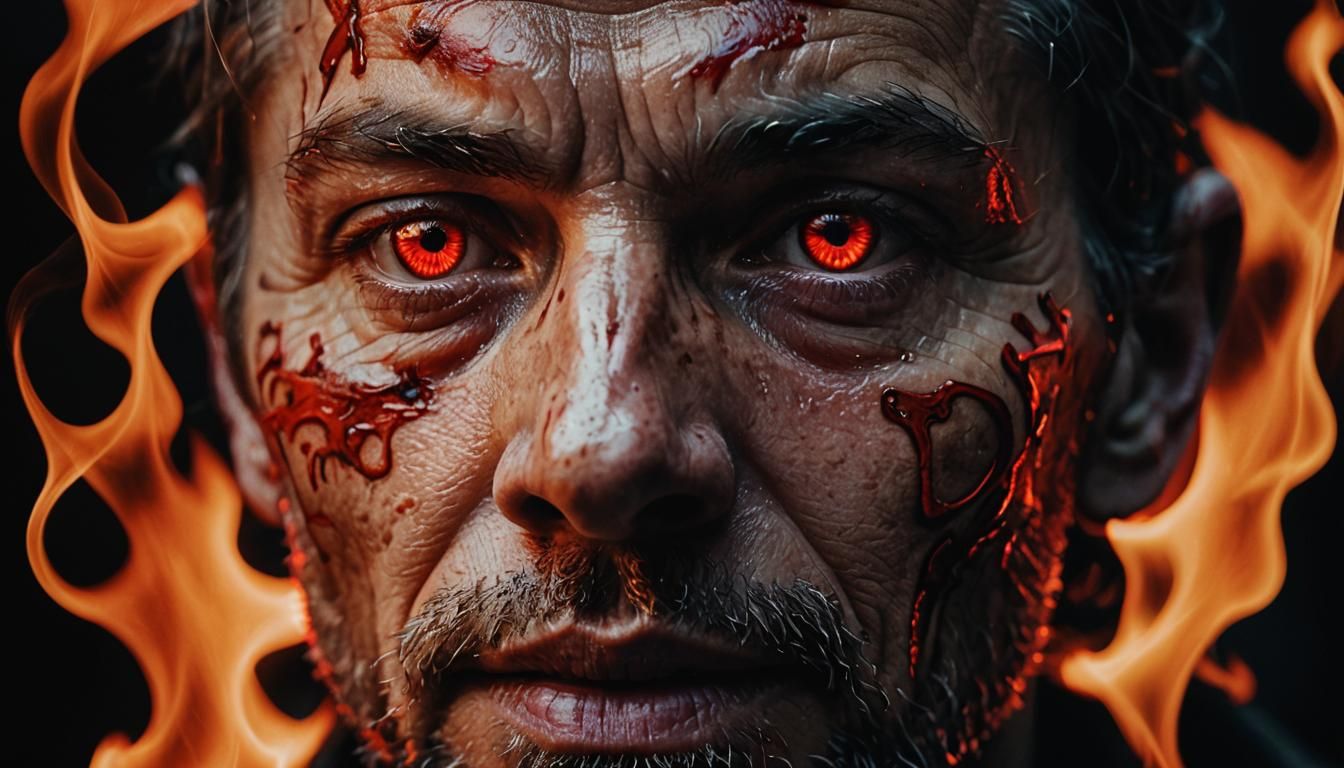 Fiery Reflections: A Dramatic Close-Up Portrait