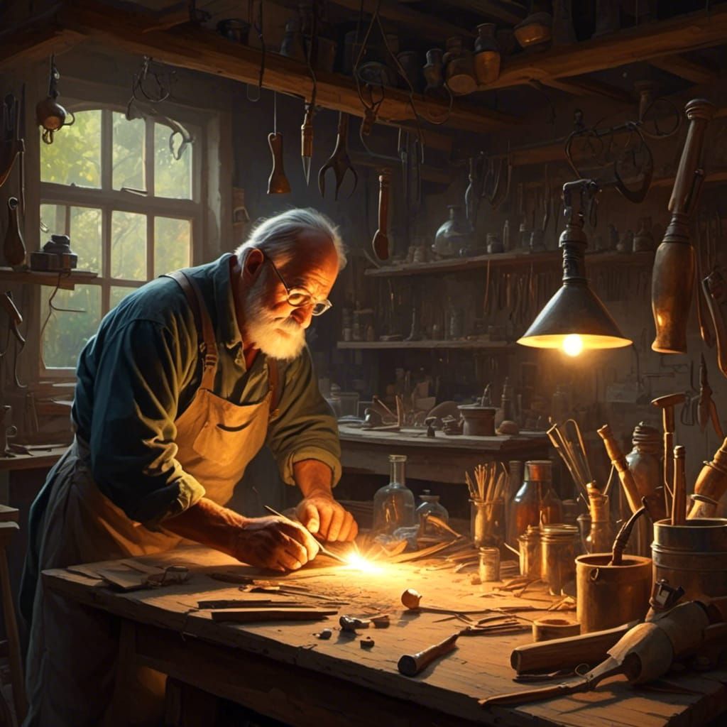 Inventor's Workshop at Dusk in Realistic Digital Art