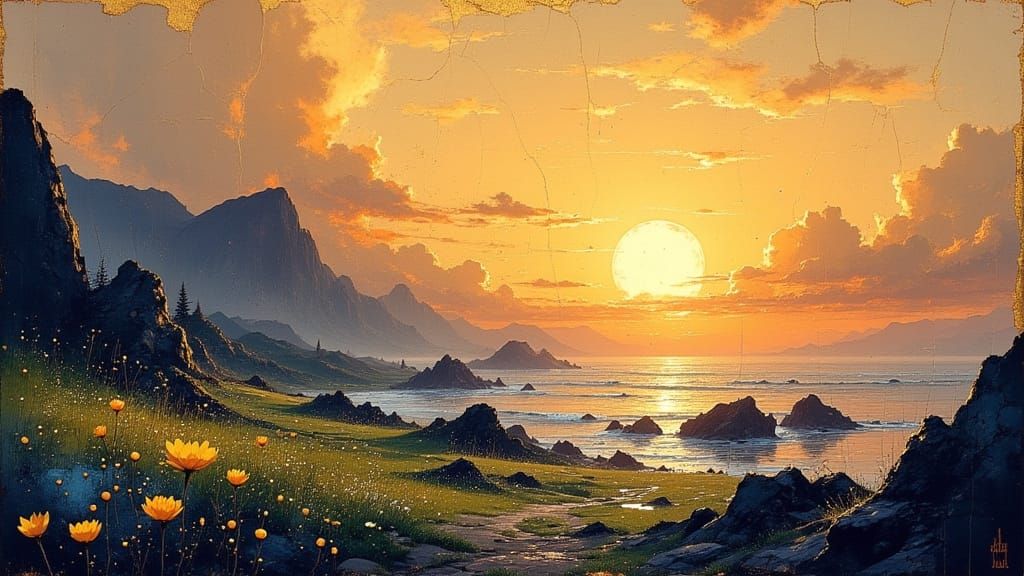 West Coast Sunset Landscape in Digital Fantasy Art Style