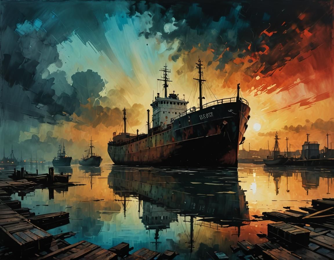 Weathered Cargo Ship in a Darkening Harbor, in Expressionist...