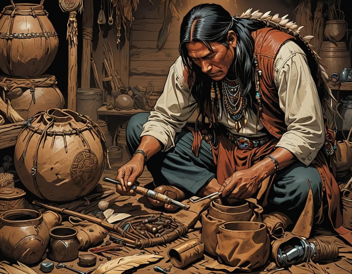 Native American Shaman Packing Calumet Pipe, Comic Art