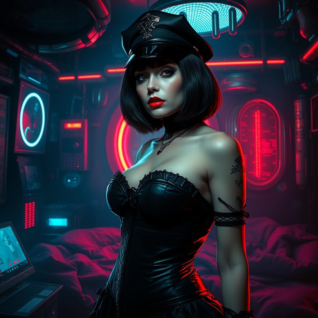 Gothic Mistress in Noir-Lit Futuristic Bedroom