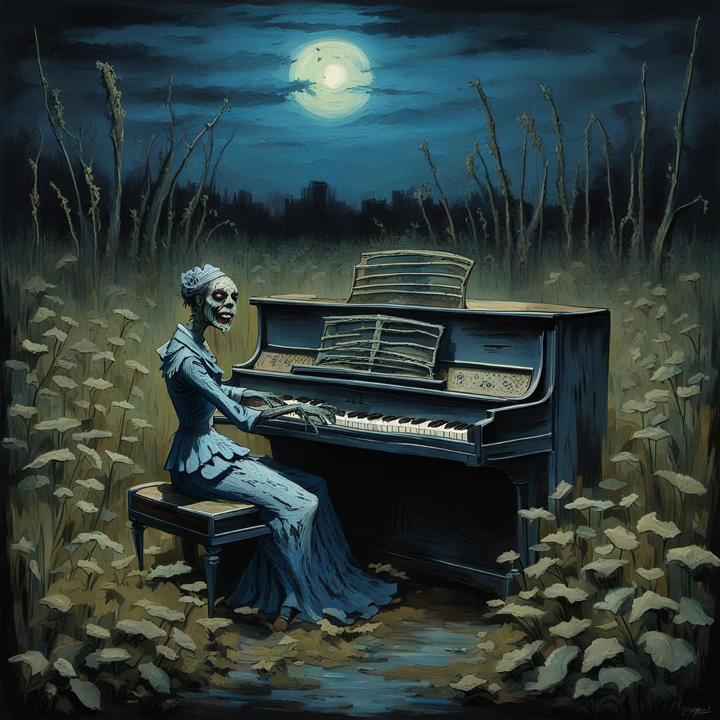 Zombie Pianist in Overgrown Swamp: Impasto Art