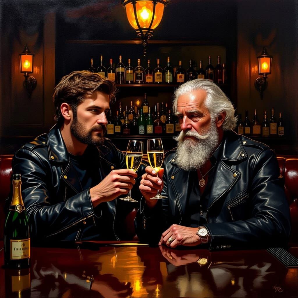 Men in Leather Clink Champagne Glasses in Moody Pub