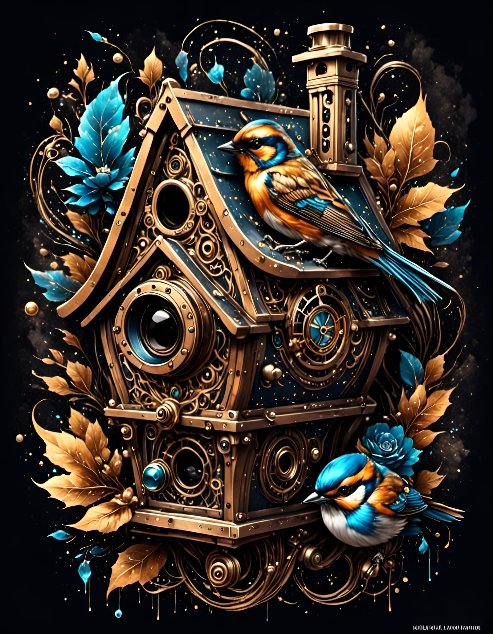 Steampunk Birdhouse Ornament in Linework Style