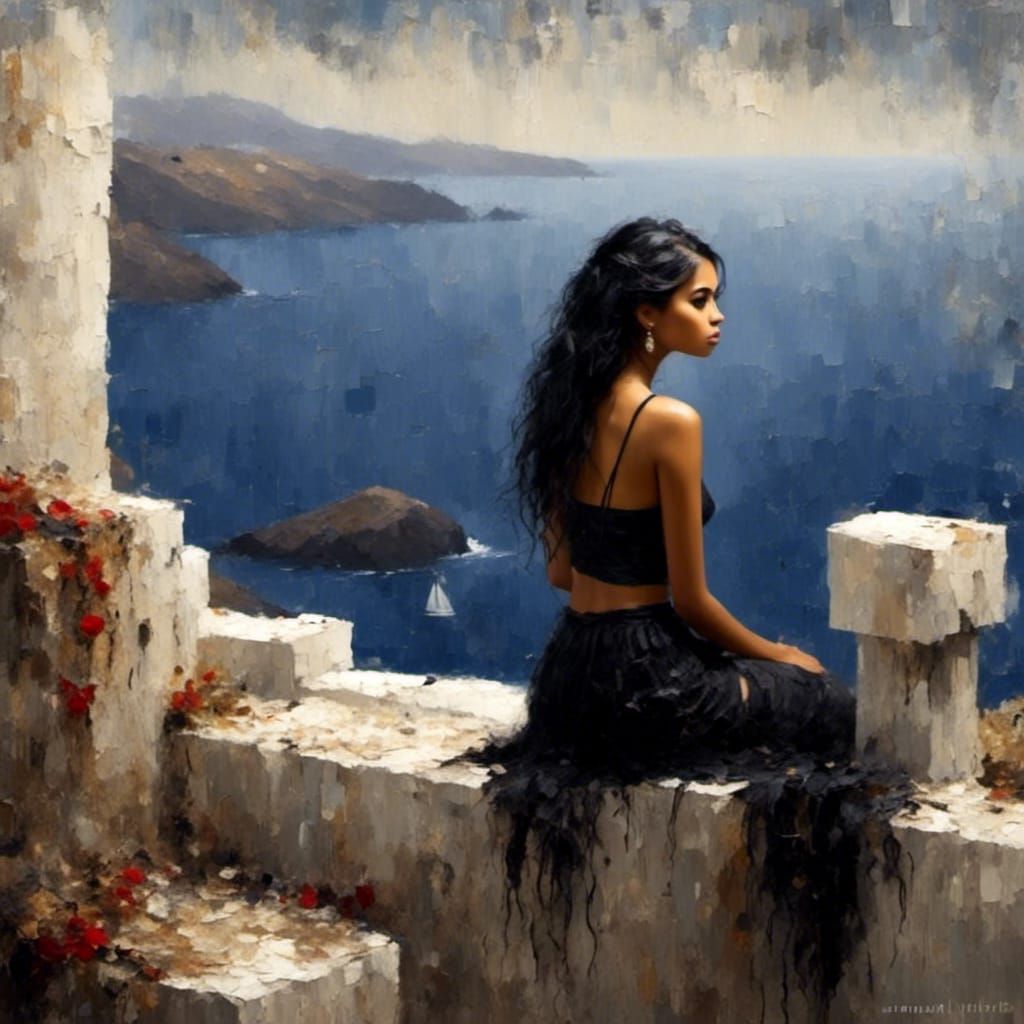 Sad Gothic Girl Gazing at Santorini Sea