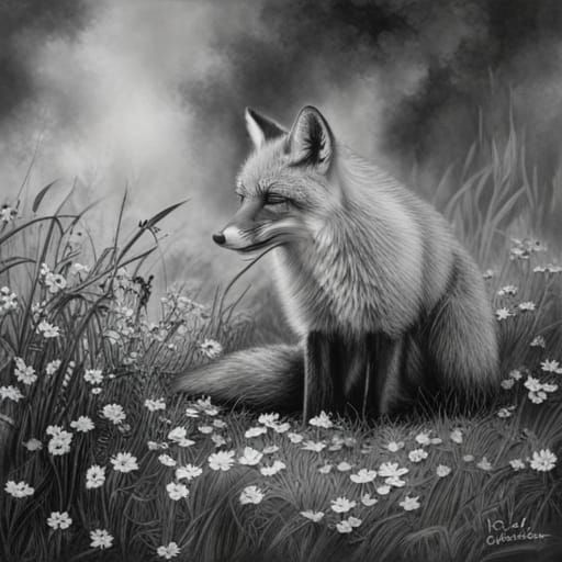 Fox Surrounded by Flowers: Hyperdetailed Charcoal Drawing