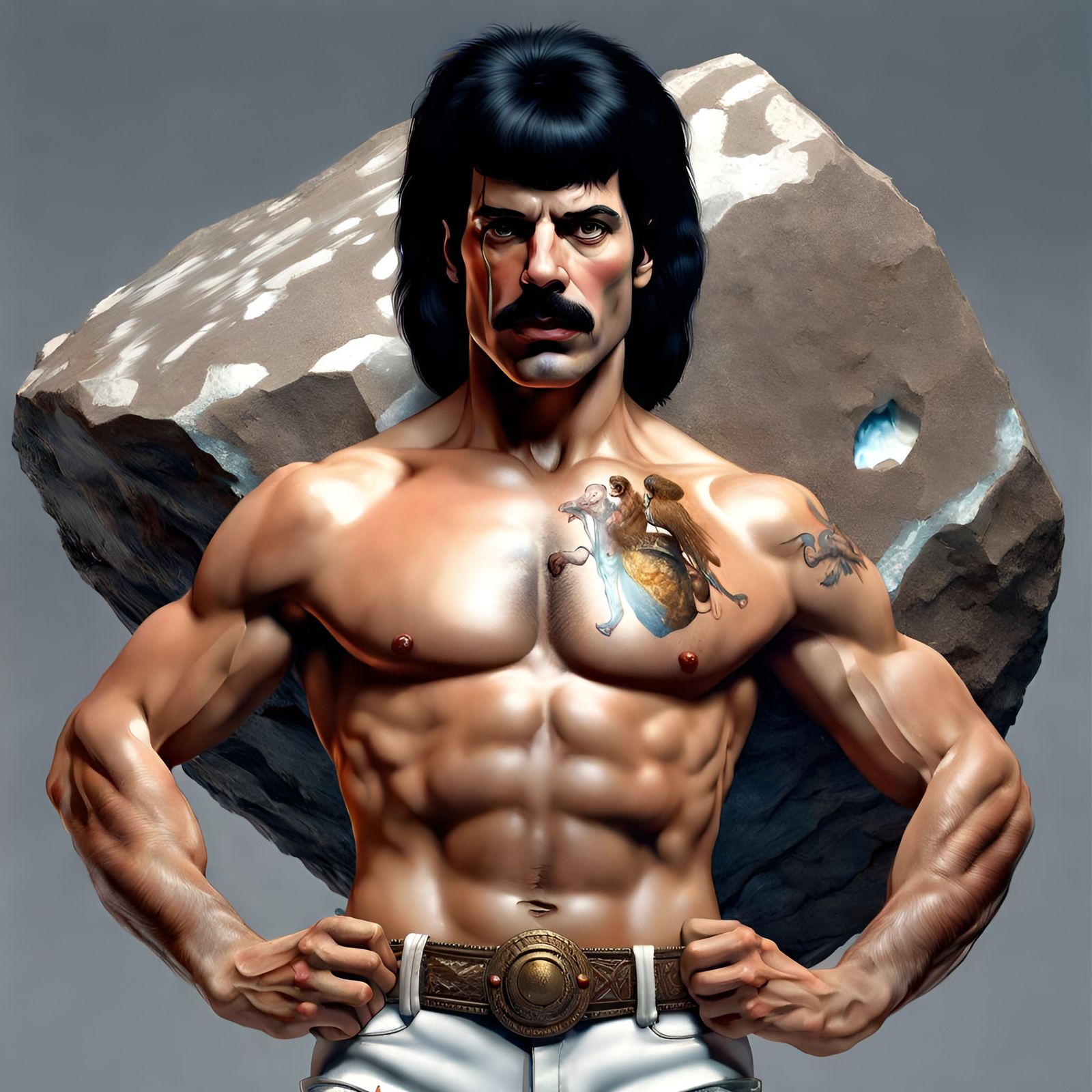 Muscular Man Holding Rock: 3D Digital Art Portrait