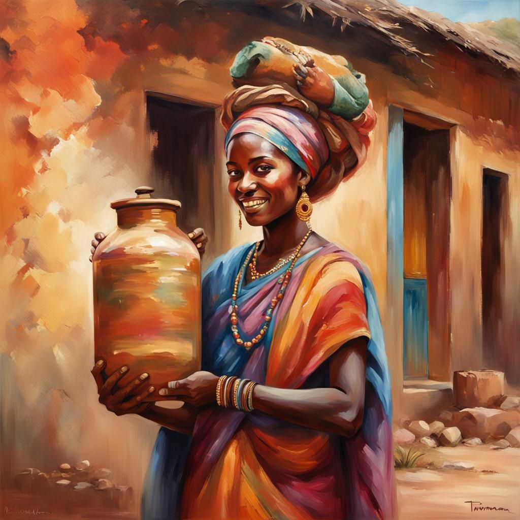 African Woman with Clay Jar: Thomas Moran Style