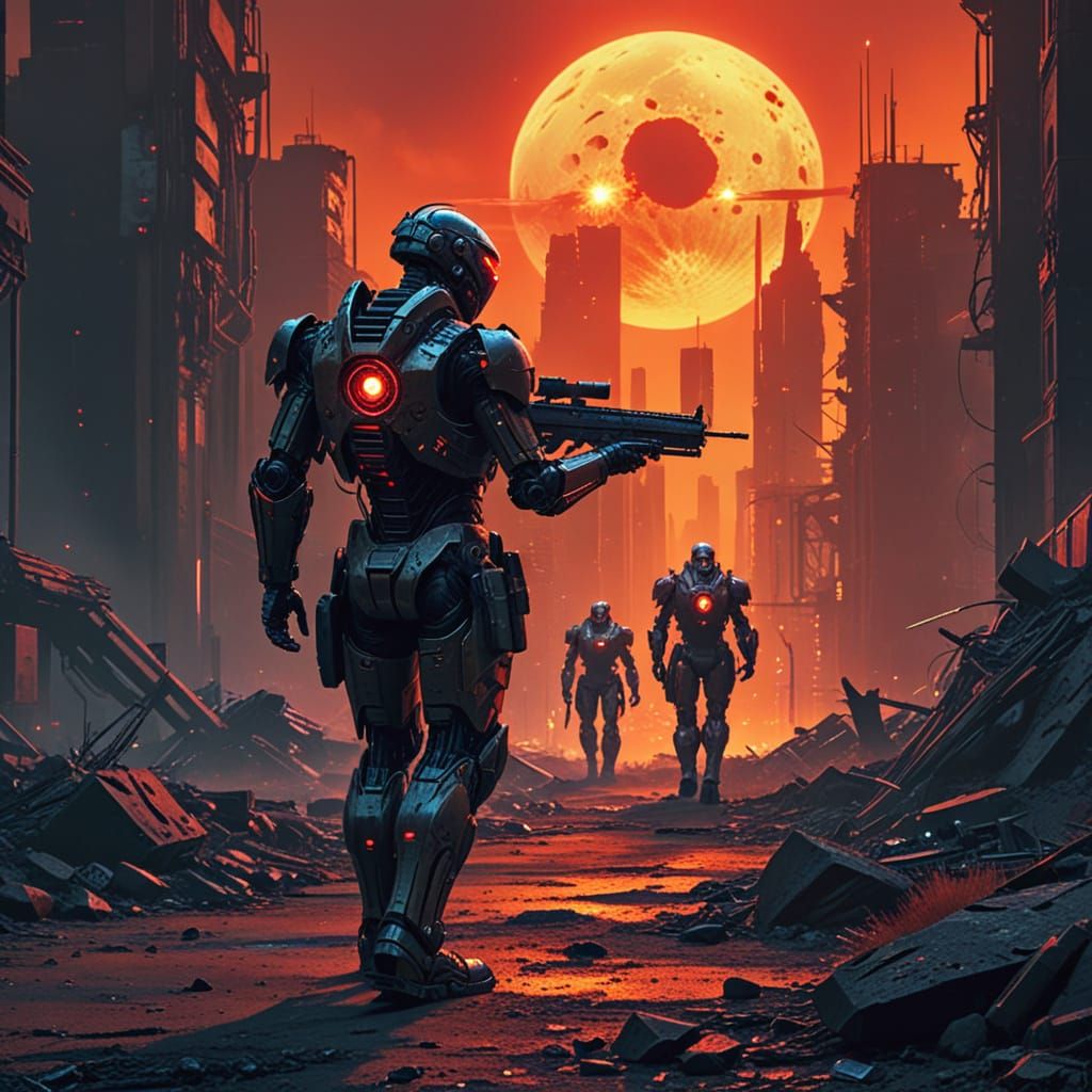 Cyberpunk Robot Soldiers in Ruined Wasteland