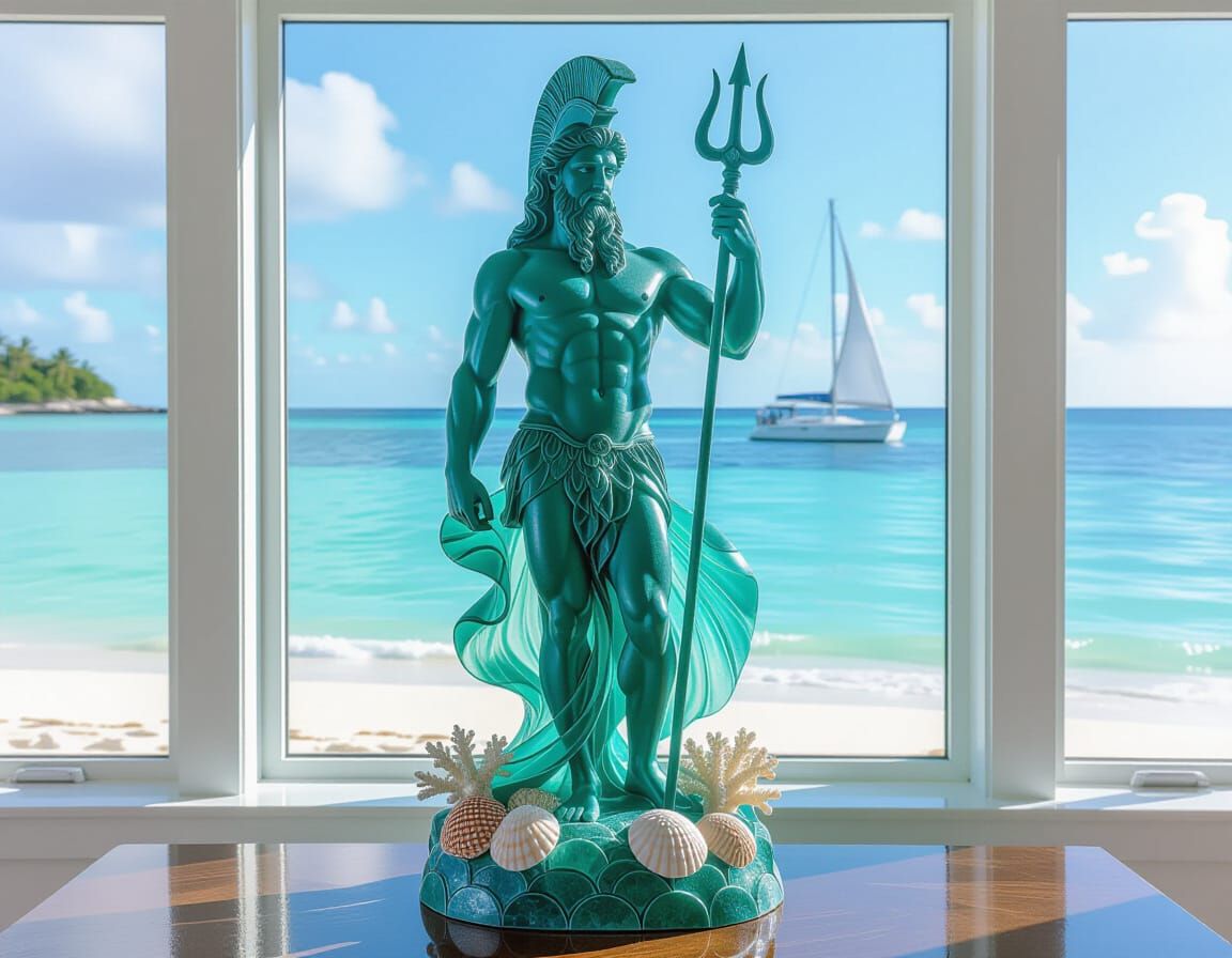Poseidon Statue Crafted from Sea Glass