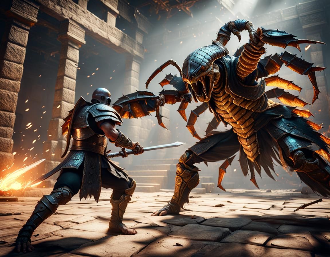 Epic Dungeon Battle: Scorpion vs. Fighter in 3D