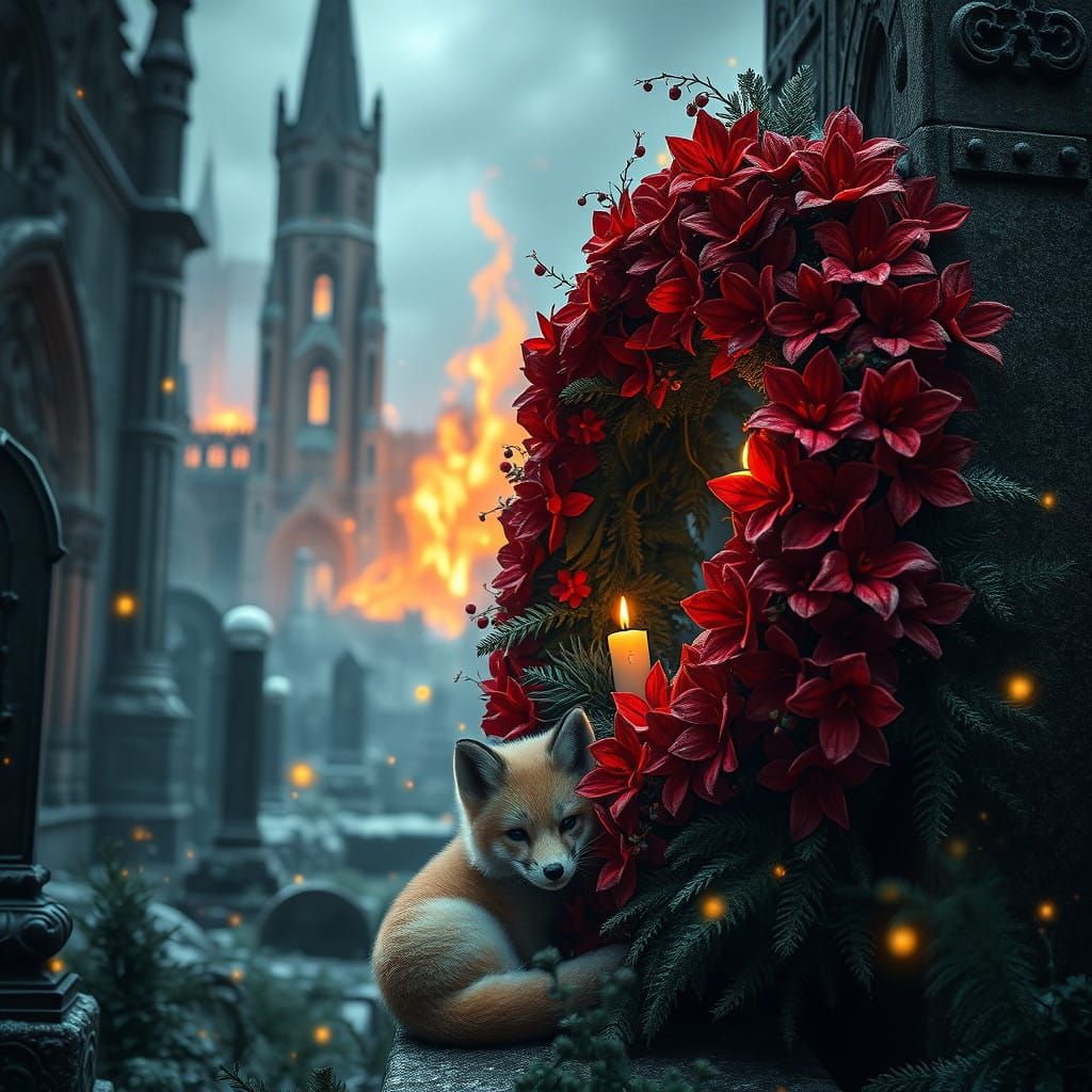 Ethereal Christmas Wreath in Haunting Ancient Cemetery