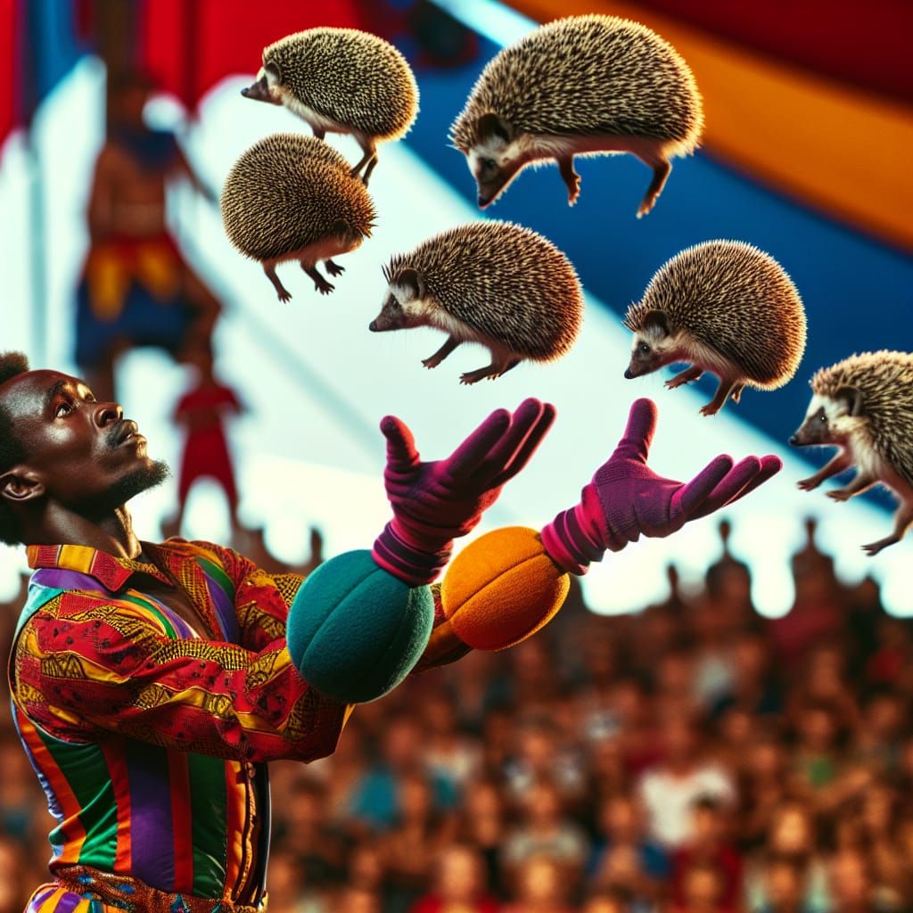 acrobat wearing thick gloves, juggling hedgehogs