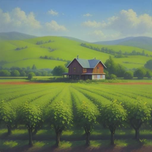 Colorful Fruit Orchard Landscape as Oil Painting