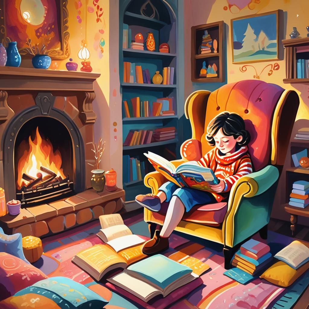 Cozy Reading Scene by Fireplace, Gouache Illustration