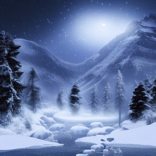 Night Snowfall in Mountains: Detailed Matte Painting